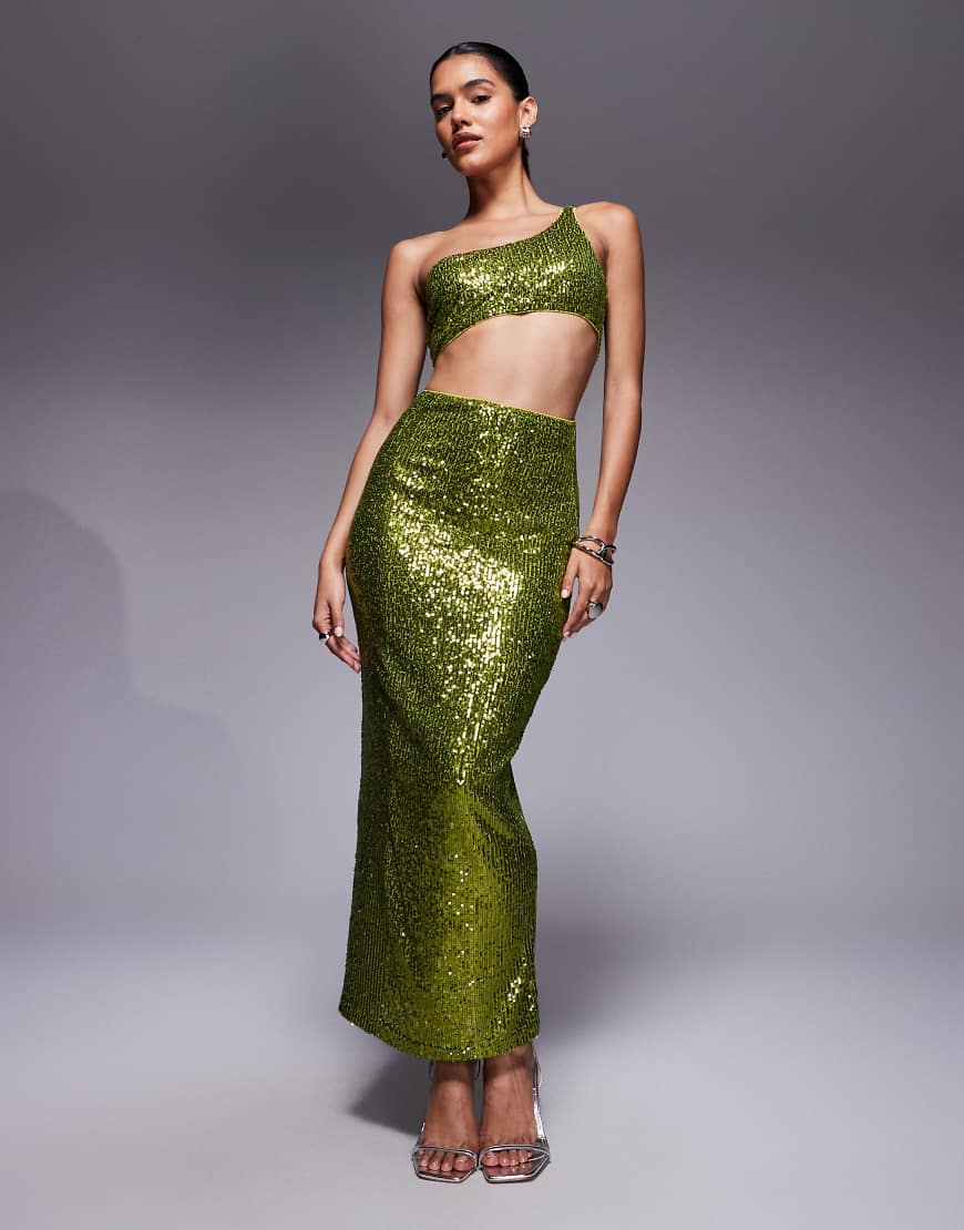 ASOS DESIGN - Midikleid in zweiteiliger Optik in Limettengrün mit durchgängigem Paillettenbesatz und One-Shoulder-Träger von ASOS DESIGN