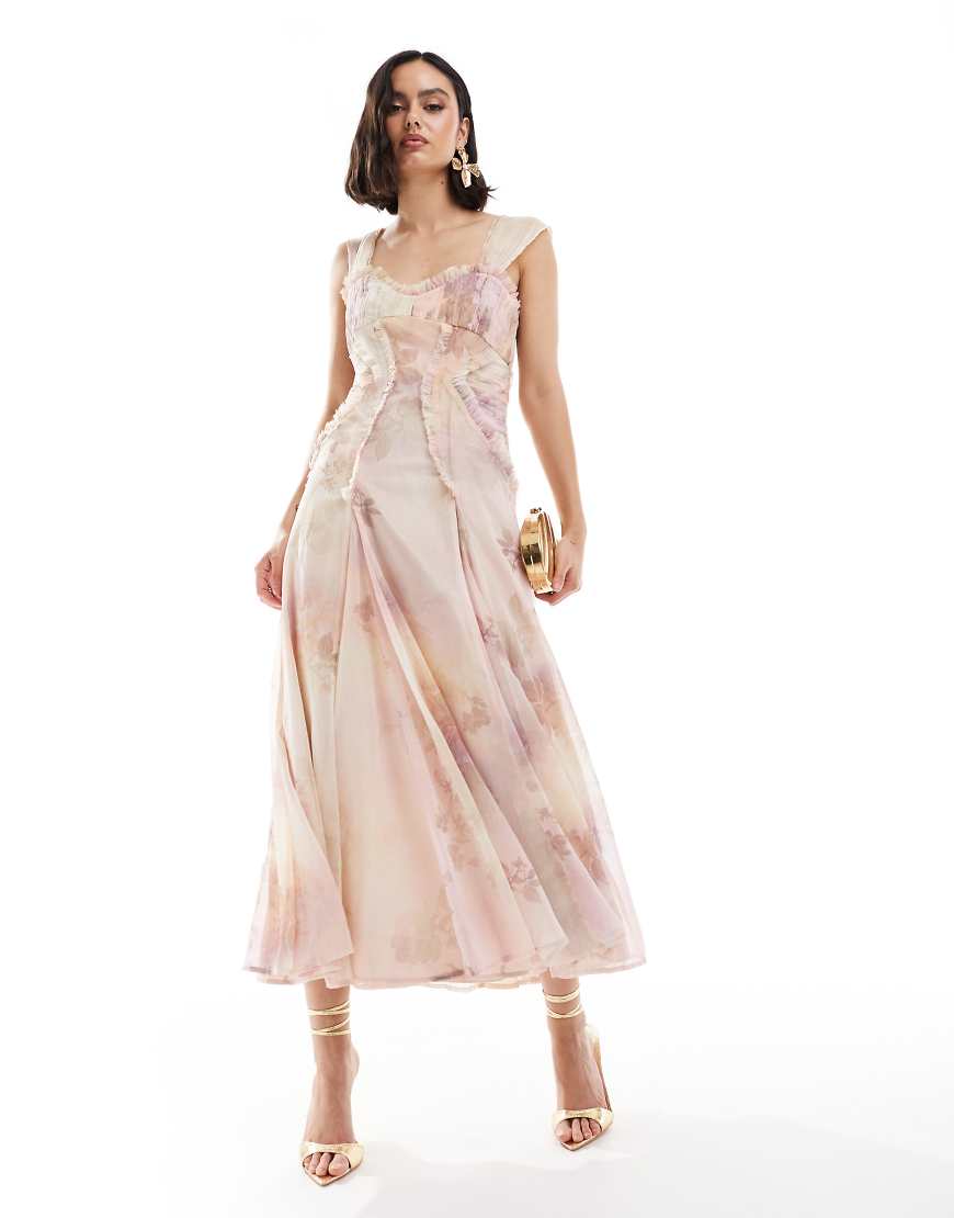 ASOS DESIGN - Midikleid mit Blumenmuster in sanften Farben, gerafftem Korsettdetail, Flügelärmeln und unverarbeitetem Saum-Bunt ASOS DESIGN - Midikleid mit Blumenmuster in sanften Farben, gerafftem Korsettdetail, Flügelärmeln und unverarbeitetem Saum-Bunt von ASOS DESIGN