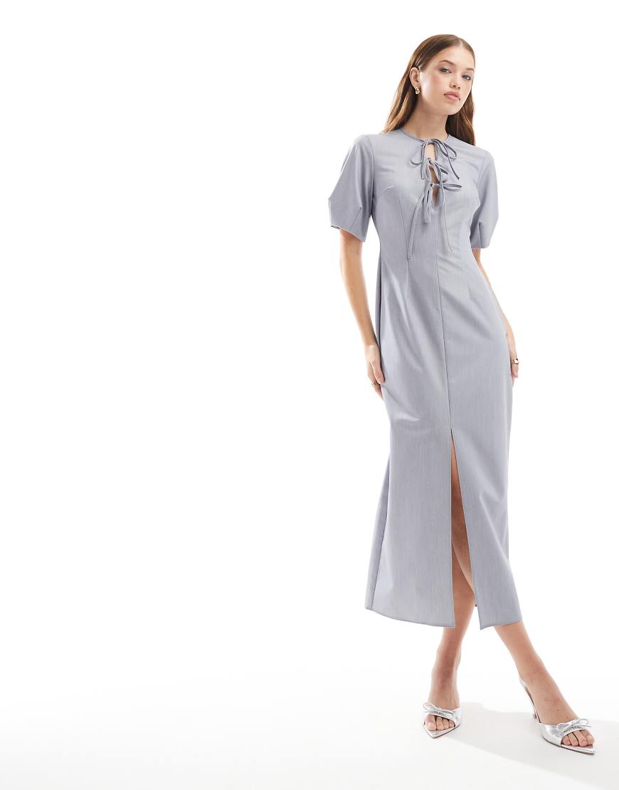 ASOS DESIGN - Midikleid mit Puffärmeln und gebundener Vorderseite-Grau von ASOS DESIGN