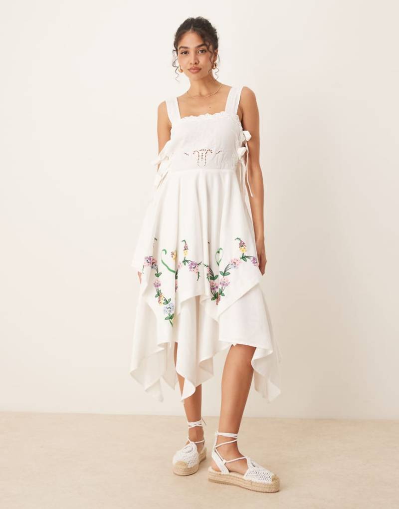 ASOS DESIGN - Midikleid mit eckigem Ausschnitt, Zipfelsaum und Blumenstickerei-Weiß von ASOS DESIGN