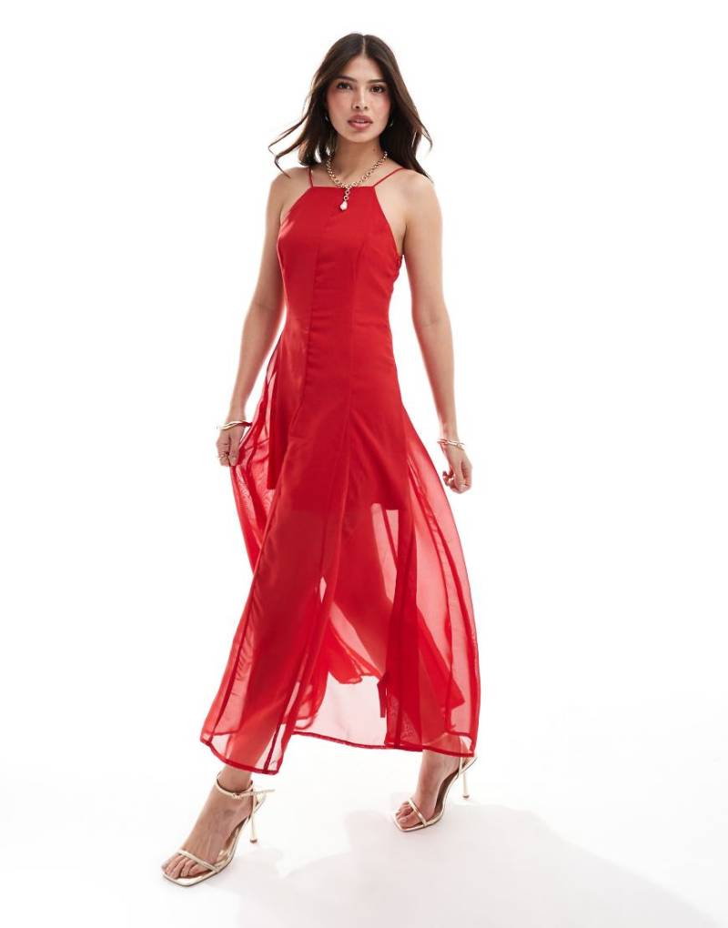 ASOS DESIGN - Midikleid mit eckigem Ausschnitt und Godet-Details-Rot von ASOS DESIGN