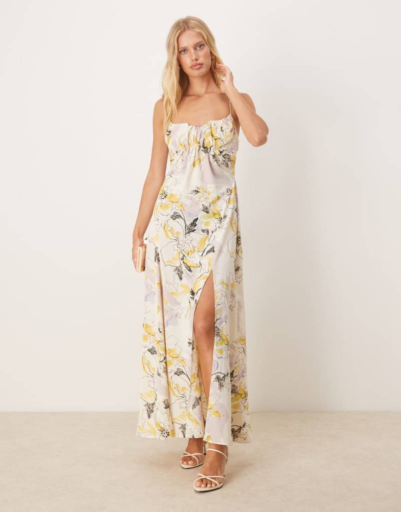 ASOS DESIGN - Midikleid mit gelbem Blumenprint, geraffter Brustpartie und Rückenschnürung von ASOS DESIGN