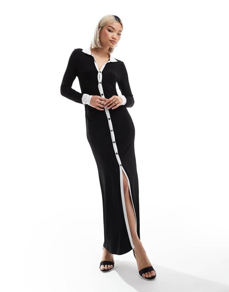 ASOS DESIGN - Midikleid mit langen Ärmeln und kontrastierendem Kragen und Bündchen-Schwarz von ASOS DESIGN