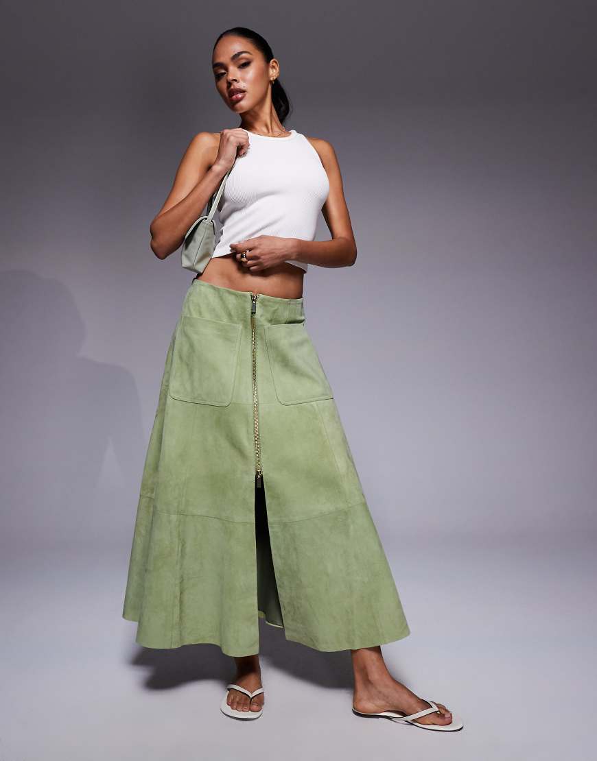 ASOS DESIGN - Midirock aus echtem Wildleder in Grün mit Reißverschluss vorne von ASOS DESIGN