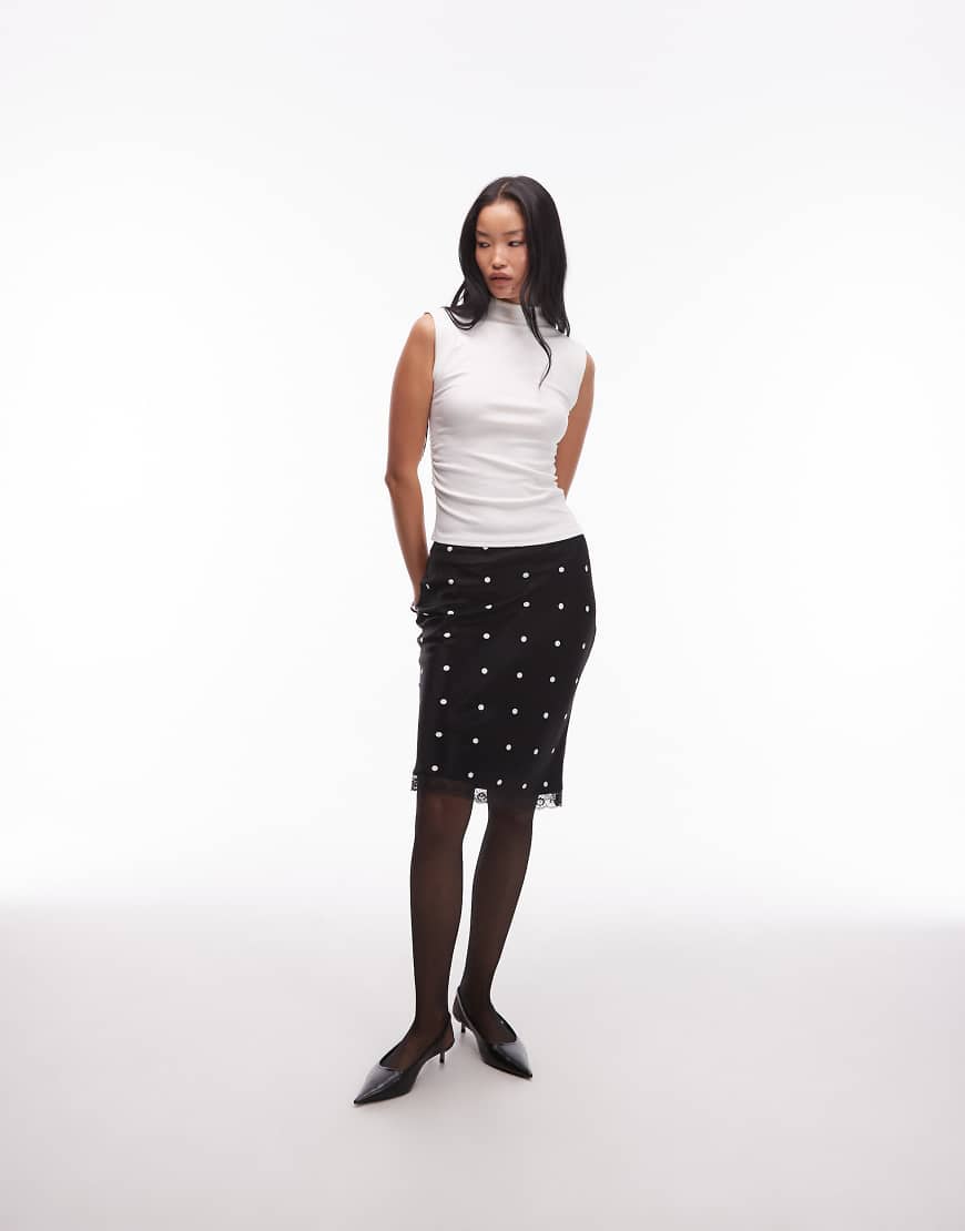 ASOS DESIGN - Midirock im Stil der 90er aus Satin in Schwarz mit Spitzenbesatz und Polka Dots-Bunt von ASOS DESIGN