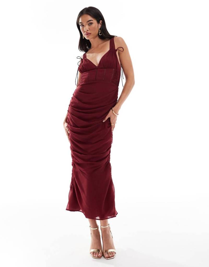 ASOS DESIGN - Milkmaid-Midikleid in Burgunderrot mit Spitzeneinsatz und geraffter Seite von ASOS DESIGN