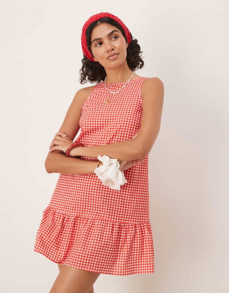 ASOS DESIGN - Mini-Etuikleid mit rotem Vichy-Karomuster, tiefer Taille und tiefem Rückenausschnitt-Bunt von ASOS DESIGN