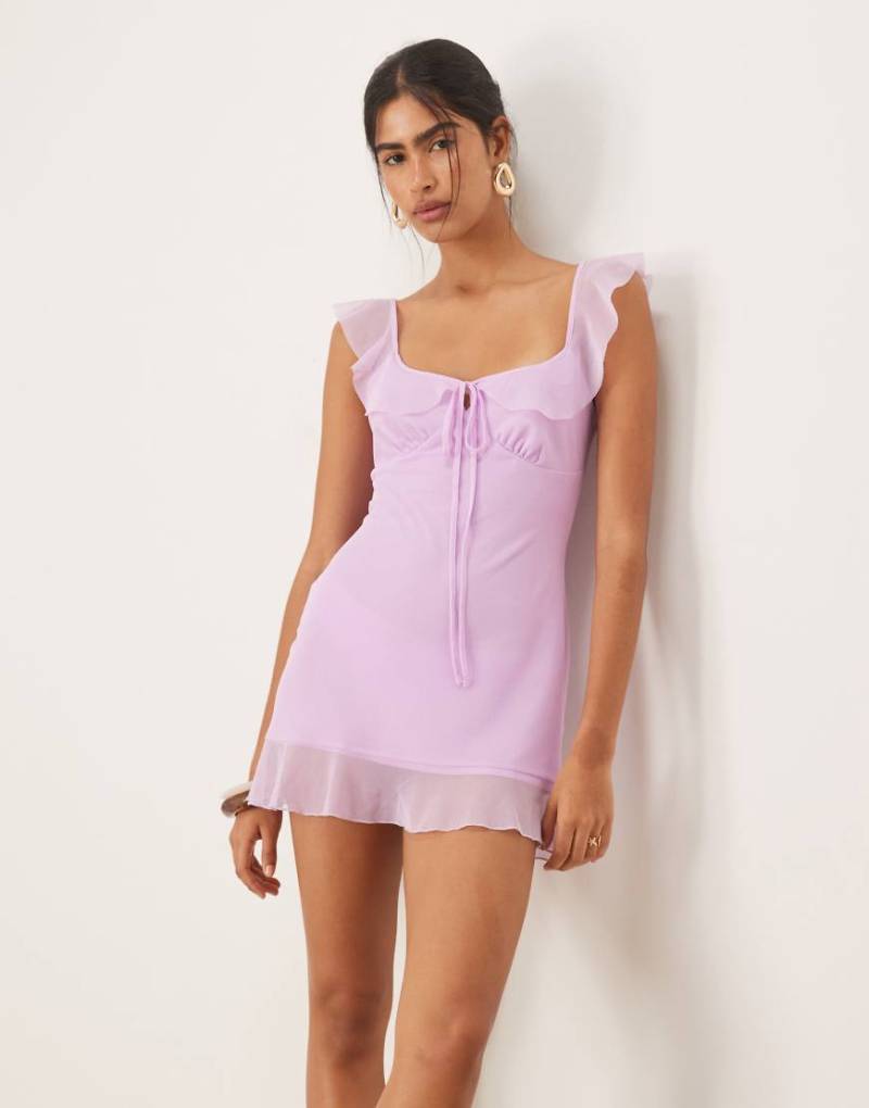 ASOS DESIGN - Mini-Freizeitkleid aus Netzstoff in Flieder mit Rüschenträgern-Lila von ASOS DESIGN