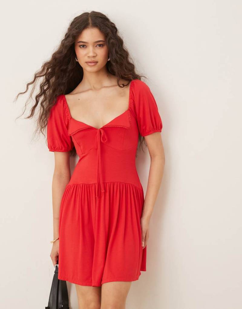 ASOS DESIGN - Mini-Freizeitkleid in Rot mit Puffärmeln von ASOS DESIGN