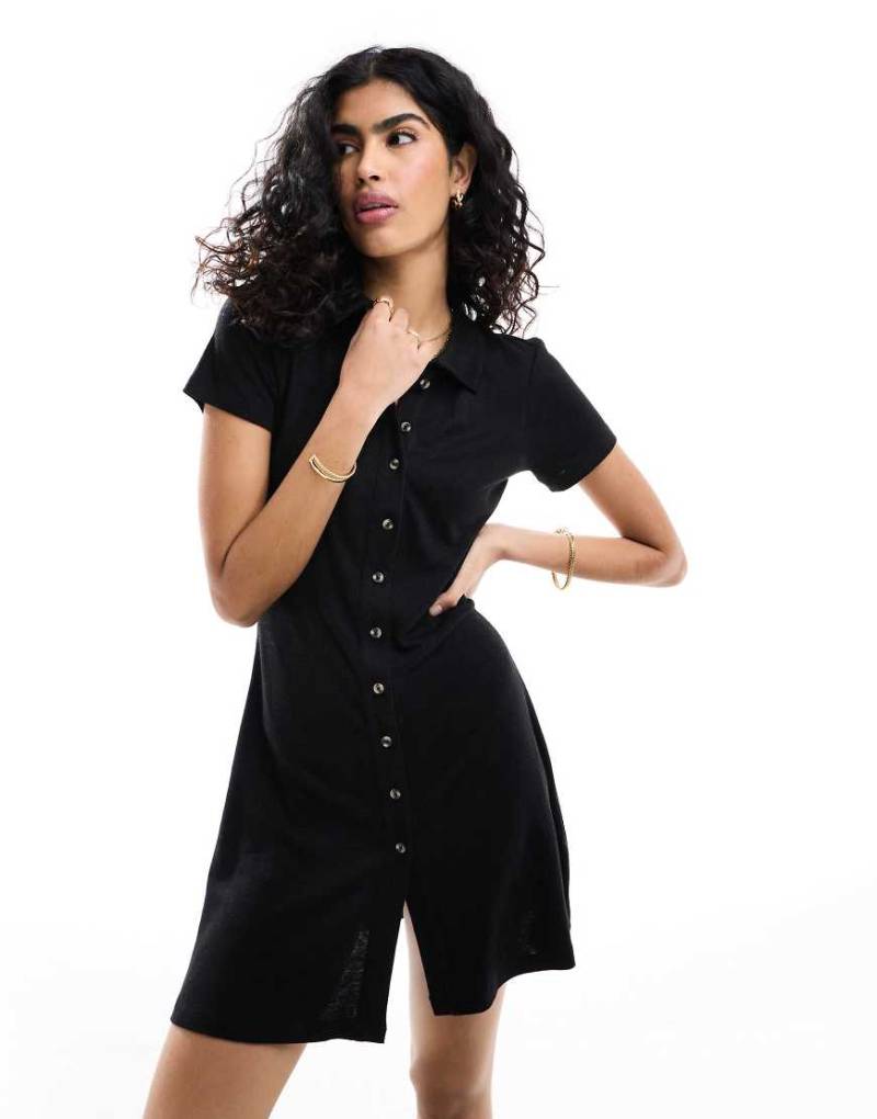 ASOS DESIGN - Mini-Freizeitkleid in schwarzer Leinenoptik mit Kragen und Knopfleiste von ASOS DESIGN
