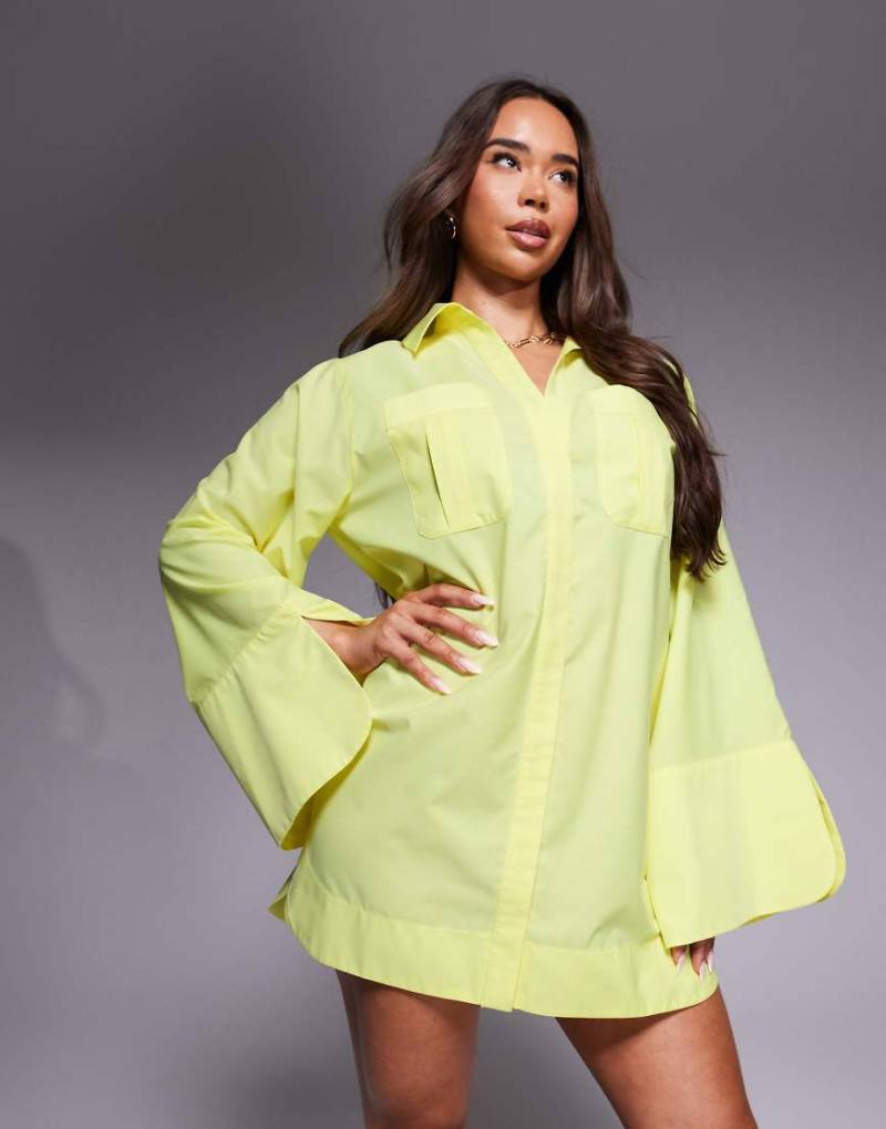 ASOS DESIGN - Mini-Hemdkleid in Zitronengelb mit breiten Bündchen und Oversize-Taschen-Grün von ASOS DESIGN