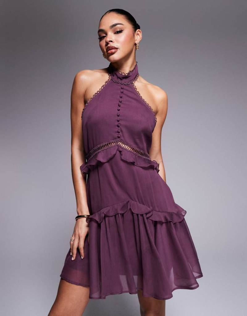 ASOS DESIGN - Mini-Neckholderkleid in Aubergine mit Spitzeneinsatz-Braun von ASOS DESIGN