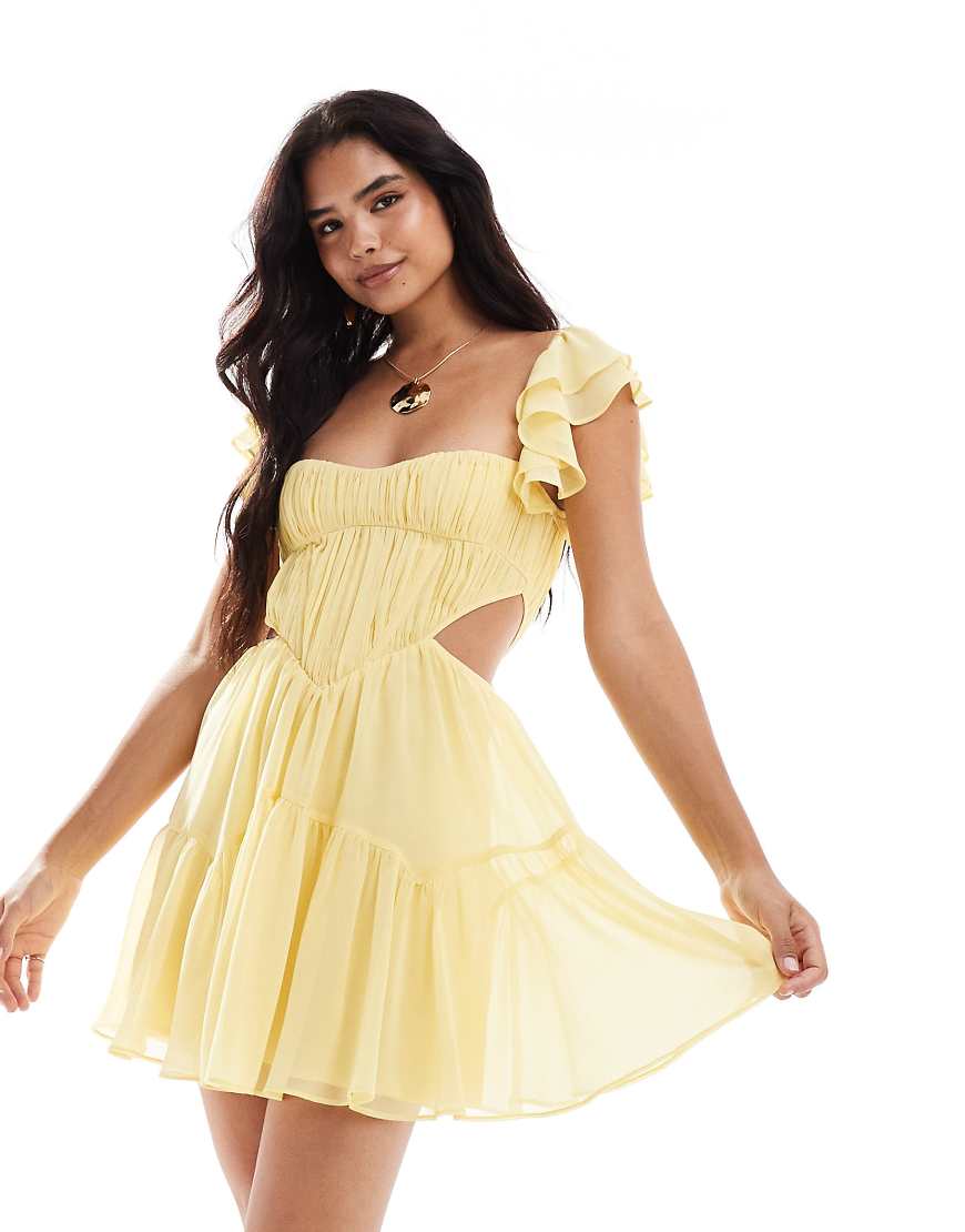 ASOS DESIGN - Mini-Skater-Kleid in Zitronengelb mit Flatterärmeln, Korsettdetail und Zierausschnitten von ASOS DESIGN