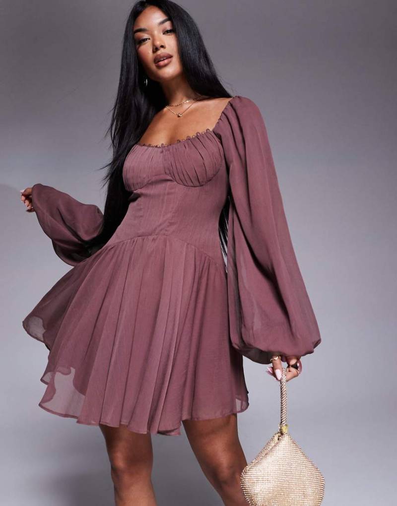 ASOS DESIGN - Mini-Skaterkleid aus Chiffon in Beere mit Puffärmeln und Schnürung-Rot von ASOS DESIGN