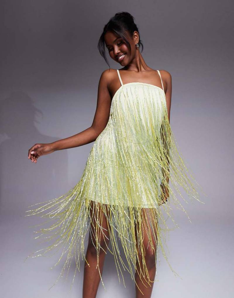 ASOS DESIGN - Mini-Trägerkleid in Blassgelb mit Perlenfransen von ASOS DESIGN