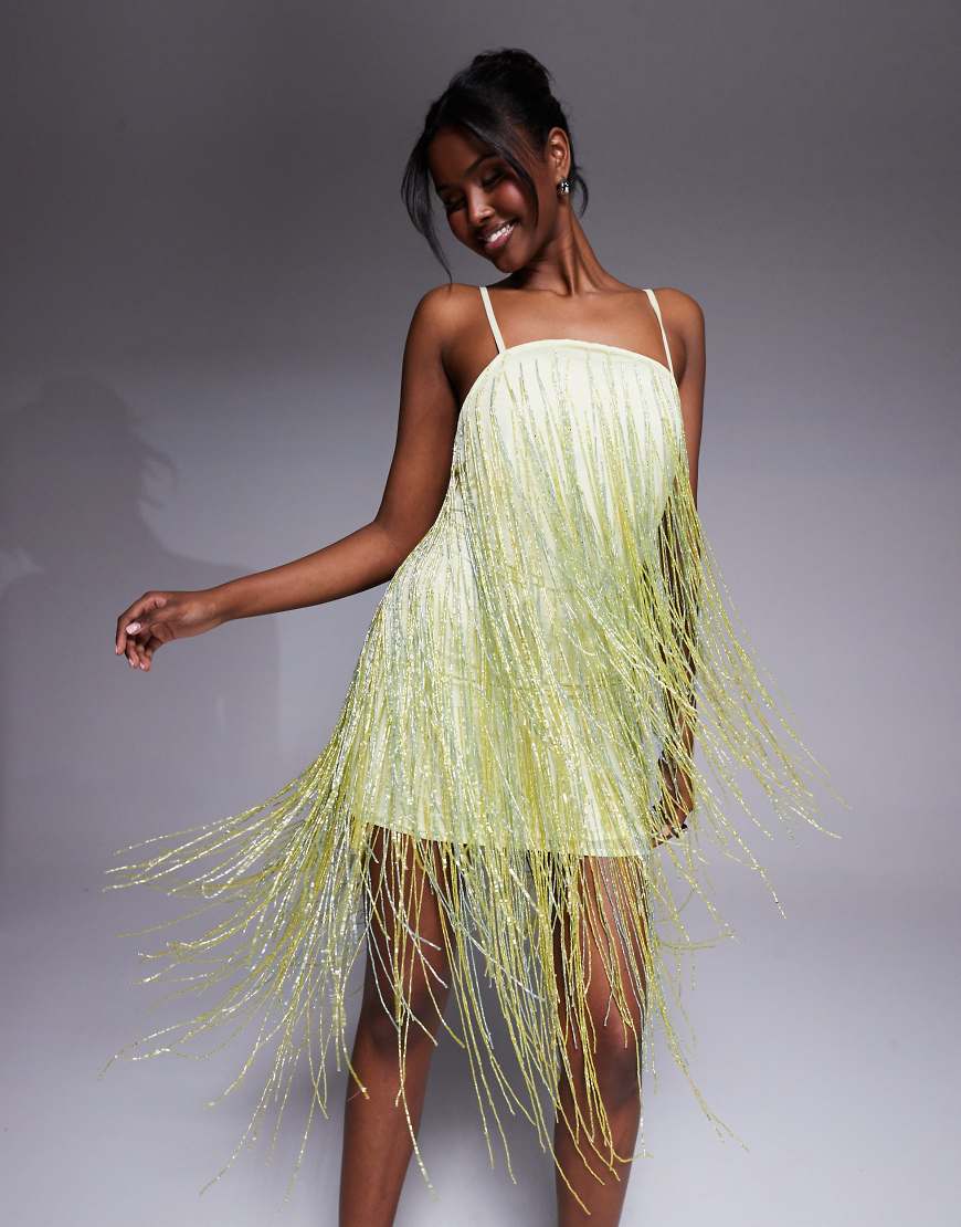 ASOS DESIGN - Mini-Trägerkleid in Blassgelb mit Perlenfransen von ASOS DESIGN