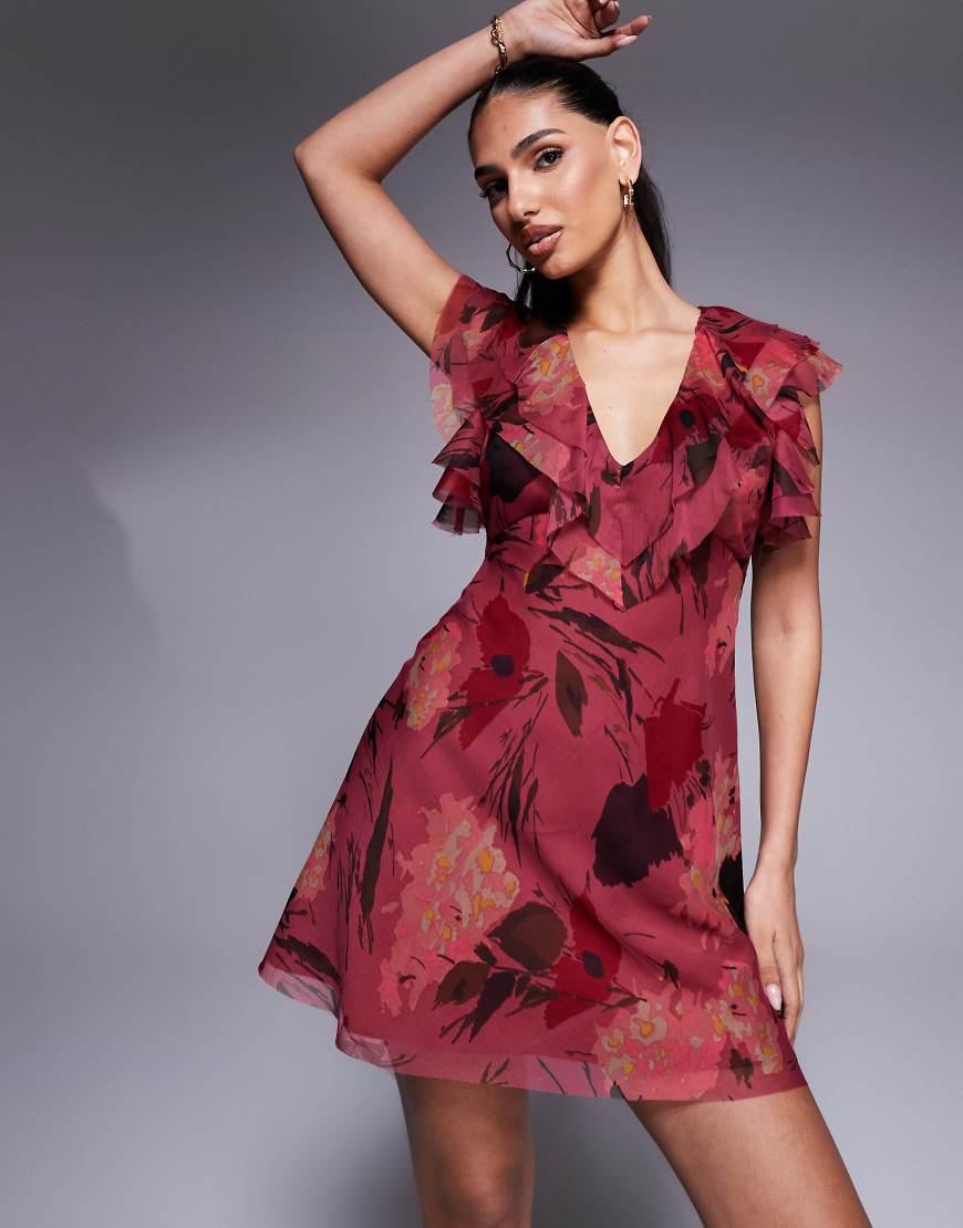 ASOS DESIGN - Minikleid aus Chiffon in Rosa geblümt mit Rüschenärmeln-Bunt von ASOS DESIGN