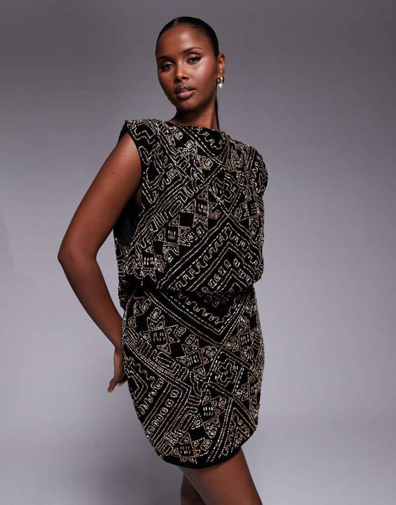 ASOS DESIGN - Minikleid aus Samt in Schwarz mit Wasserfallausschnitt und All-over-Verzierung von ASOS DESIGN