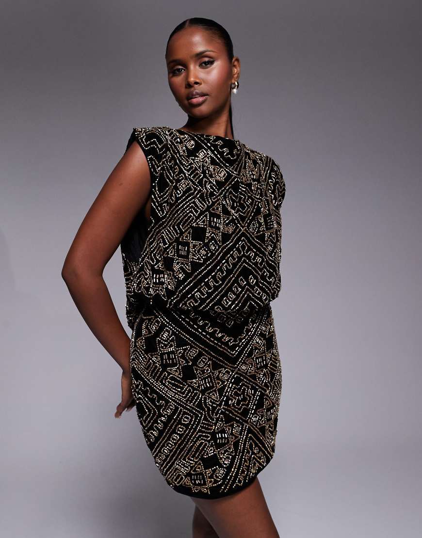 ASOS DESIGN - Minikleid aus Samt in Schwarz mit Wasserfallausschnitt und All-over-Verzierung von ASOS DESIGN