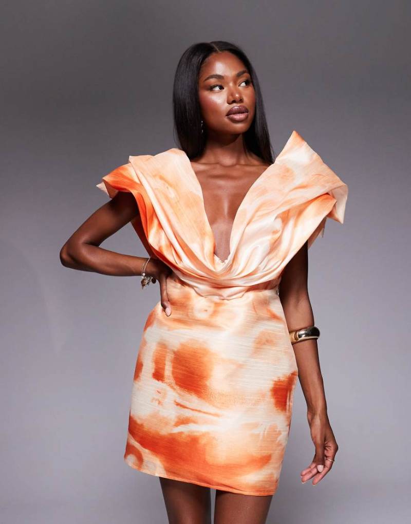 ASOS DESIGN - Minikleid in Orange mit tiefem Ausschnitt, Strukturdesign und abstraktem Muster-Bunt von ASOS DESIGN