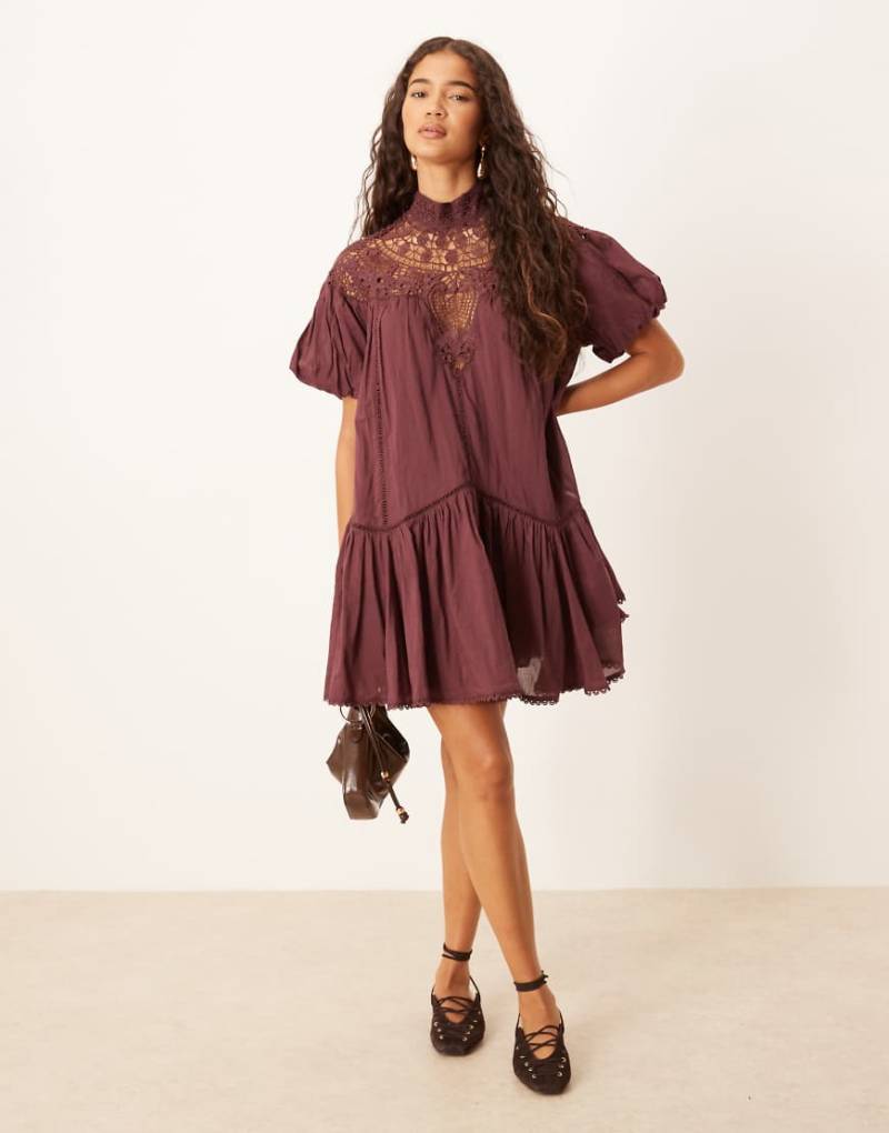 ASOS DESIGN - Minikleid in Pflaume mit Spitze und Puffärmeln-Schwarz von ASOS DESIGN