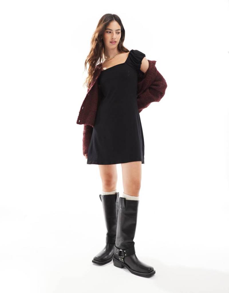 ASOS DESIGN - Minikleid in Schwarz mit Puffärmeln und eckigem Ausschnitt von ASOS DESIGN
