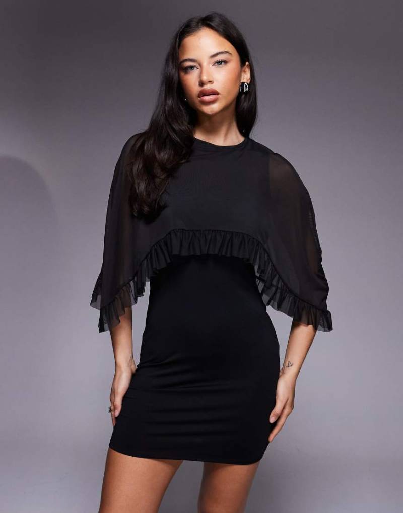 ASOS DESIGN - Minikleid in Schwarz mit transparentem Cape mit Rüschen von ASOS DESIGN