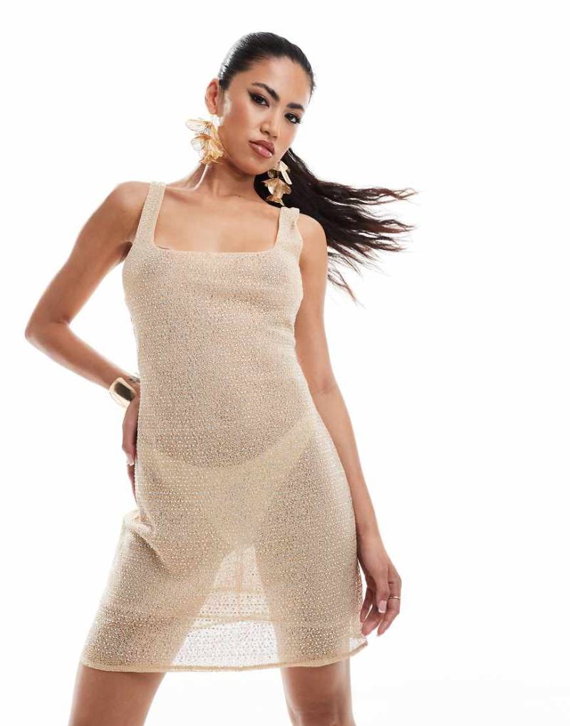 ASOS DESIGN - Minikleid in Stein mit Hotfix-Strassverzierung und eckigem Ausschnitt-Neutral von ASOS DESIGN