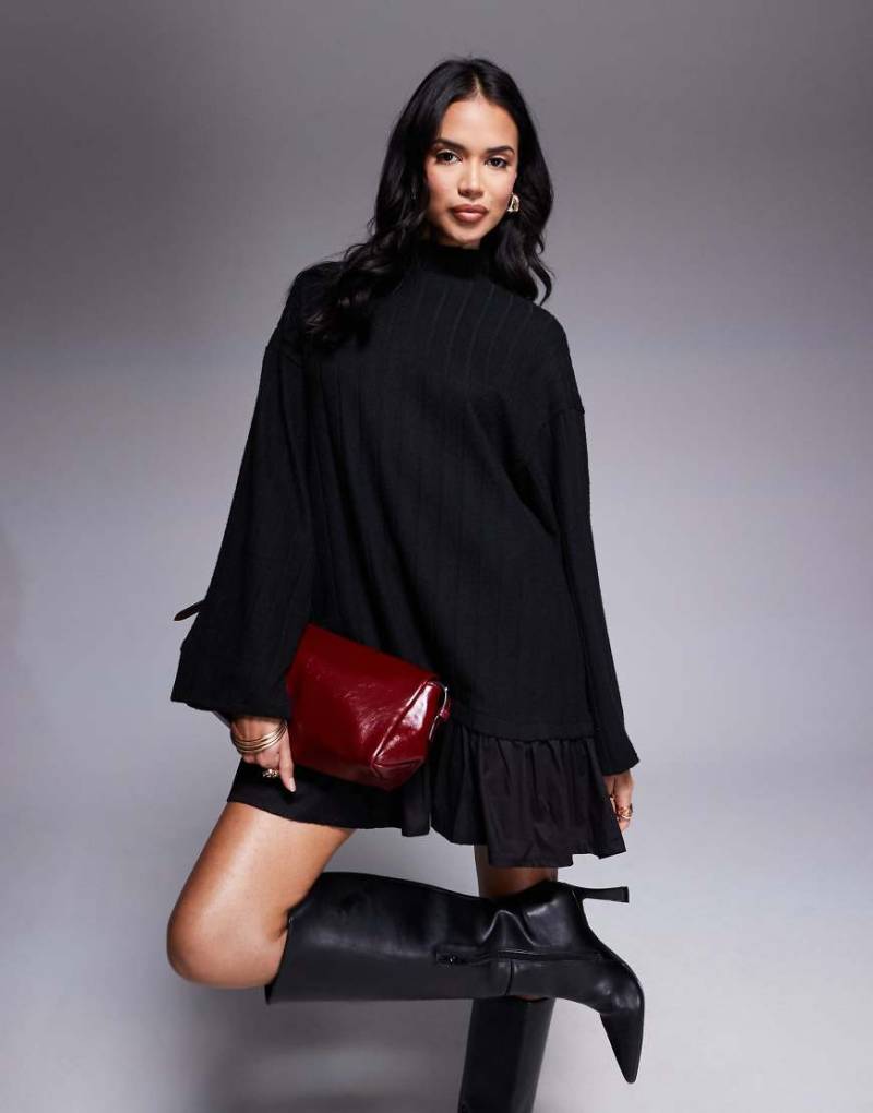 ASOS DESIGN - Minikleid aus hochgeschlossenem Pullover und kurzem Popeline-Rock in Schwarz von ASOS DESIGN