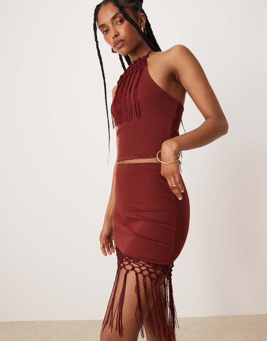 ASOS DESIGN - Minirock in Rostrot mit Fransensaum, Kombiteil-Braun von ASOS DESIGN