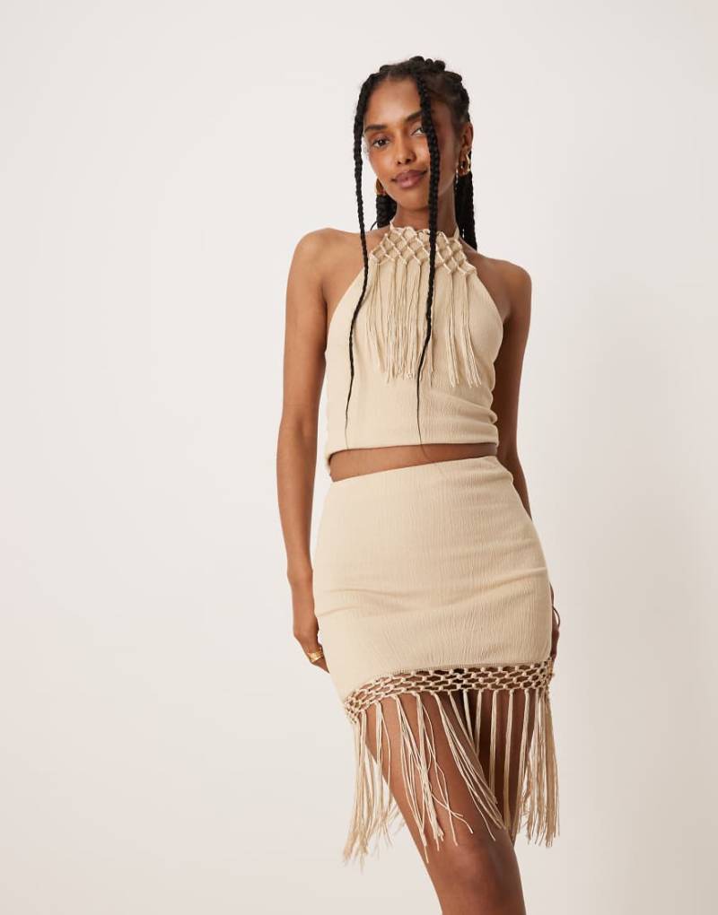 ASOS DESIGN - Minirock in Steinbeige mit Fransensaum, Kombiteil-Neutral von ASOS DESIGN