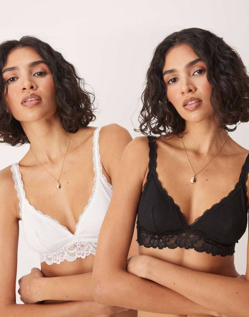 ASOS DESIGN - Minnie - 2er-Pack weiche BHs aus Baumwolle in Schwarz und Weiß mit Unterbrustband aus Spitze-Bunt von ASOS DESIGN