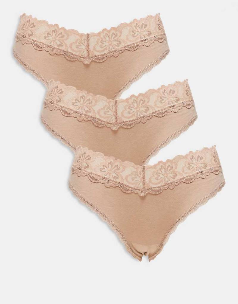 ASOS DESIGN - Minnie - 3er-Pack Brazilian-Slips aus Baumwolle in Neutral mit Bund aus Spitze von ASOS DESIGN