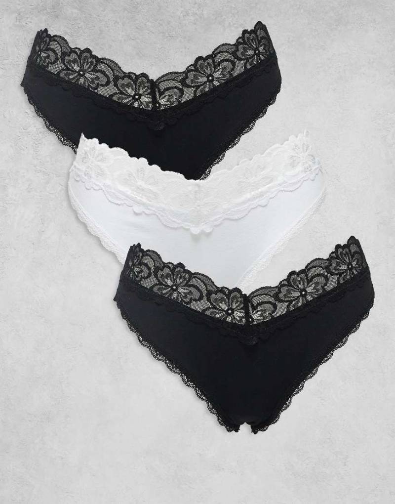 ASOS DESIGN - Minnie - 3er-Pack Brazilian-Slips aus Baumwolle in Schwarz und Weiß mit Bund aus Spitze-Bunt von ASOS DESIGN