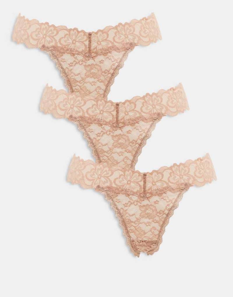ASOS DESIGN - Minnie - 3er-Pack Spitzen-Tangas in Neutral von ASOS DESIGN