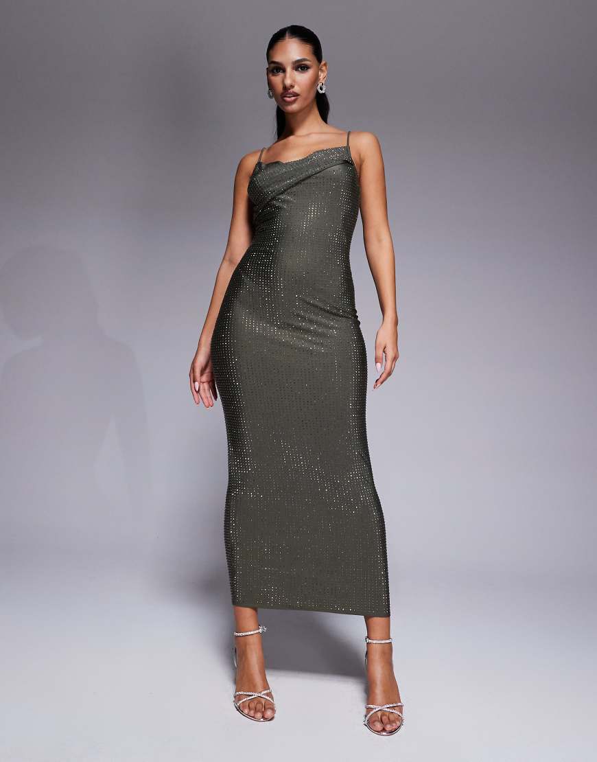 ASOS DESIGN - Mit Nieten besetztes Midikleid aus formendem Jersey in Grau mit umgeschlagener Schulterpartie von ASOS DESIGN