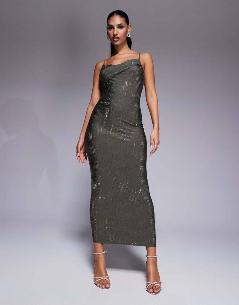 ASOS DESIGN - Mit Nieten besetztes Midikleid aus formendem Jersey in Grau mit umgeschlagener Schulterpartie von ASOS DESIGN