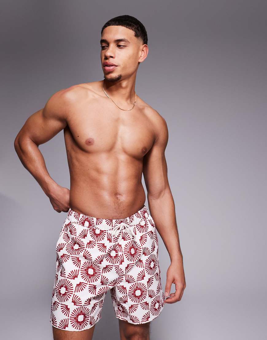 ASOS DESIGN - Mittellange Badeshorts in Steinbeige mit geometrischem Print-Neutral von ASOS DESIGN