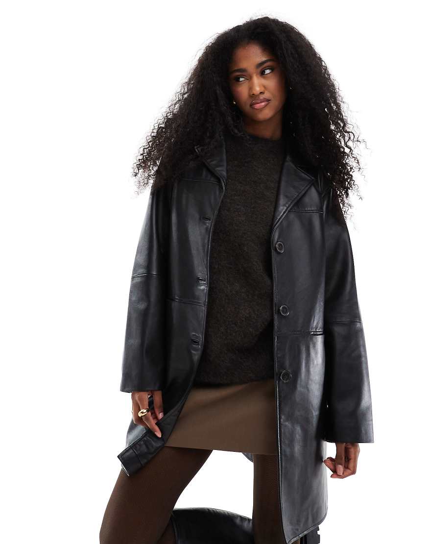 ASOS DESIGN - Mittellange Jacke aus Echtleder in Schwarz von ASOS DESIGN