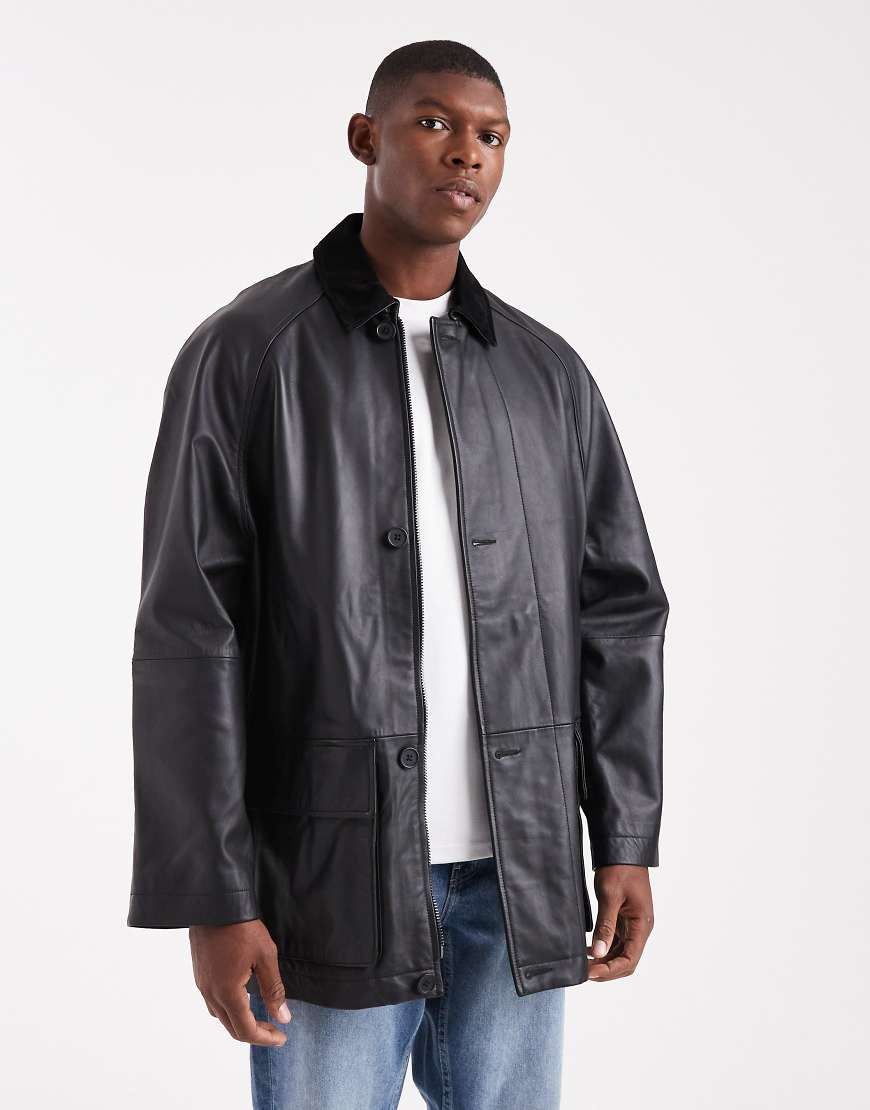 ASOS DESIGN - Mittellange Trainerjacke aus Echtleder in Schwarz von ASOS DESIGN