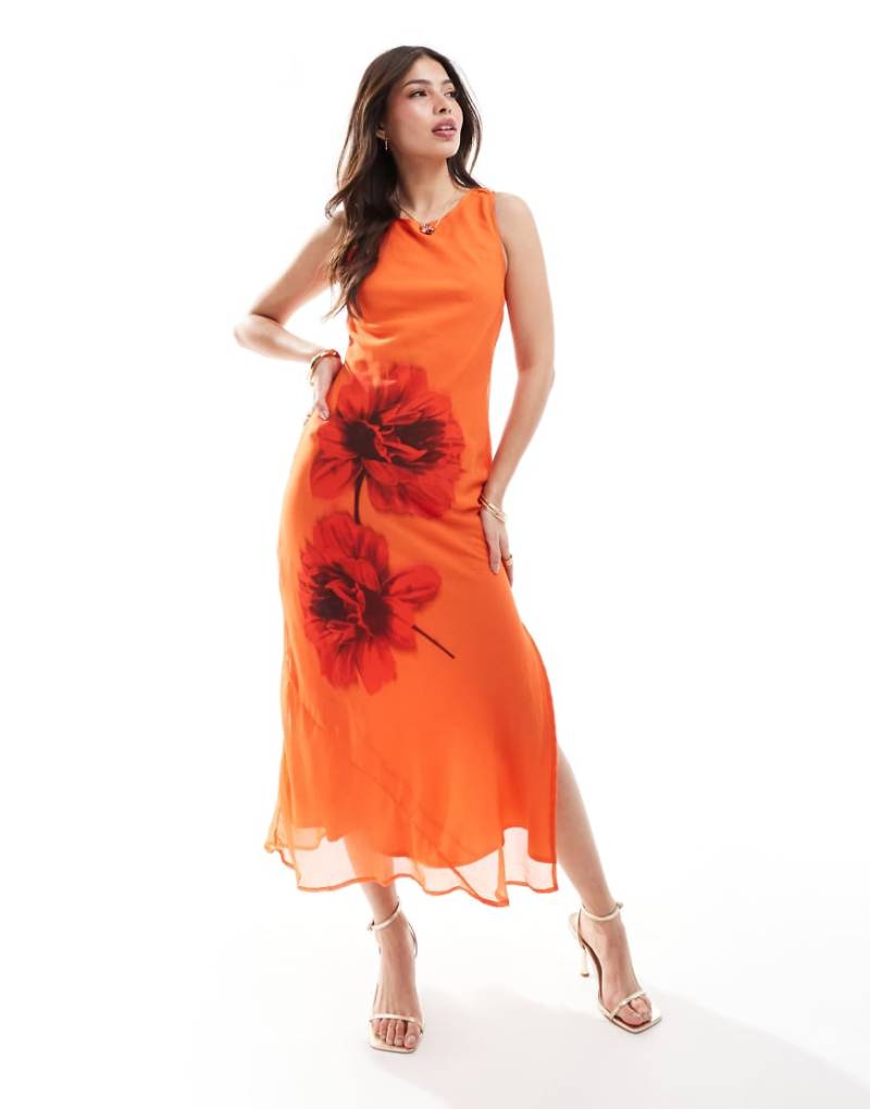 ASOS DESIGN - Mittellanges Schlauchkleid in Orange mit auffälligem Blumen-Print-Bunt von ASOS DESIGN