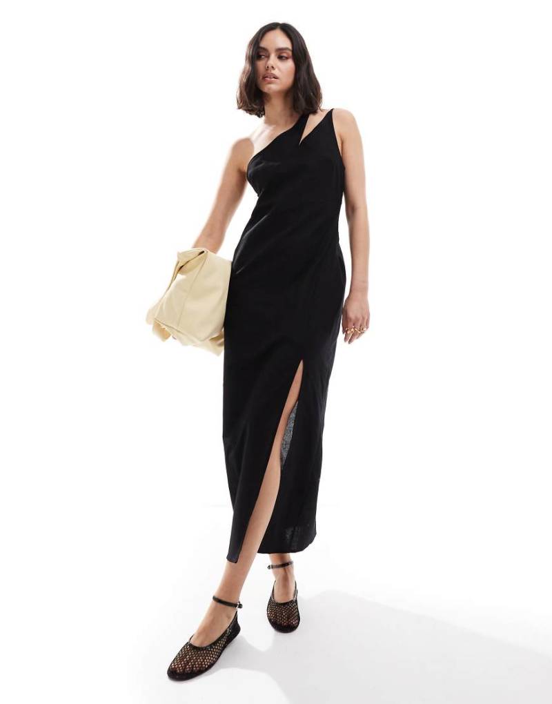 ASOS DESIGN - Mittellanges Sommerkleid aus Leinen in Schwarz mit geteiltem One-Shoulder-Träger und Schlitz von ASOS DESIGN