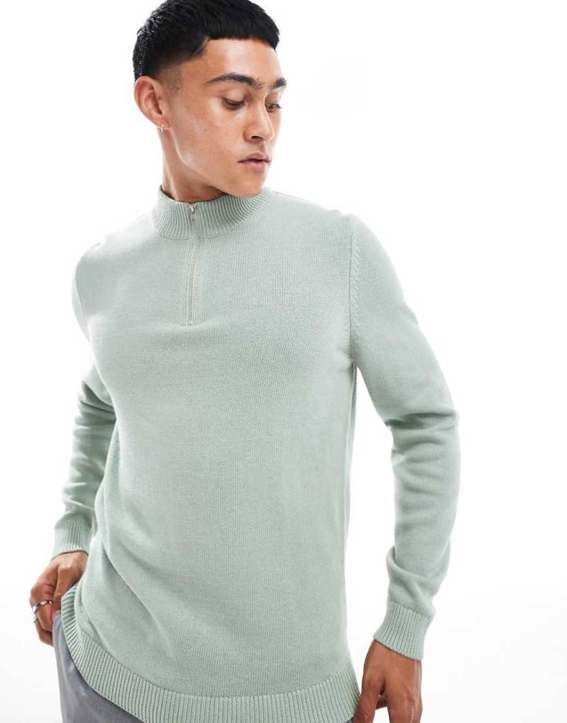 ASOS DESIGN - Mittelschwerer Strickpullover in Salbeigrün mit kurzem Reißverschluss von ASOS DESIGN