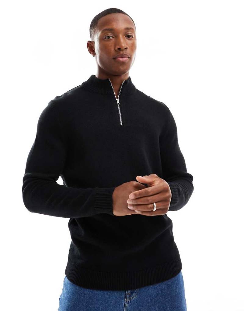 ASOS DESIGN - Mittelschwerer Strickpullover in Schwarz mit kurzem Reißverschluss von ASOS DESIGN