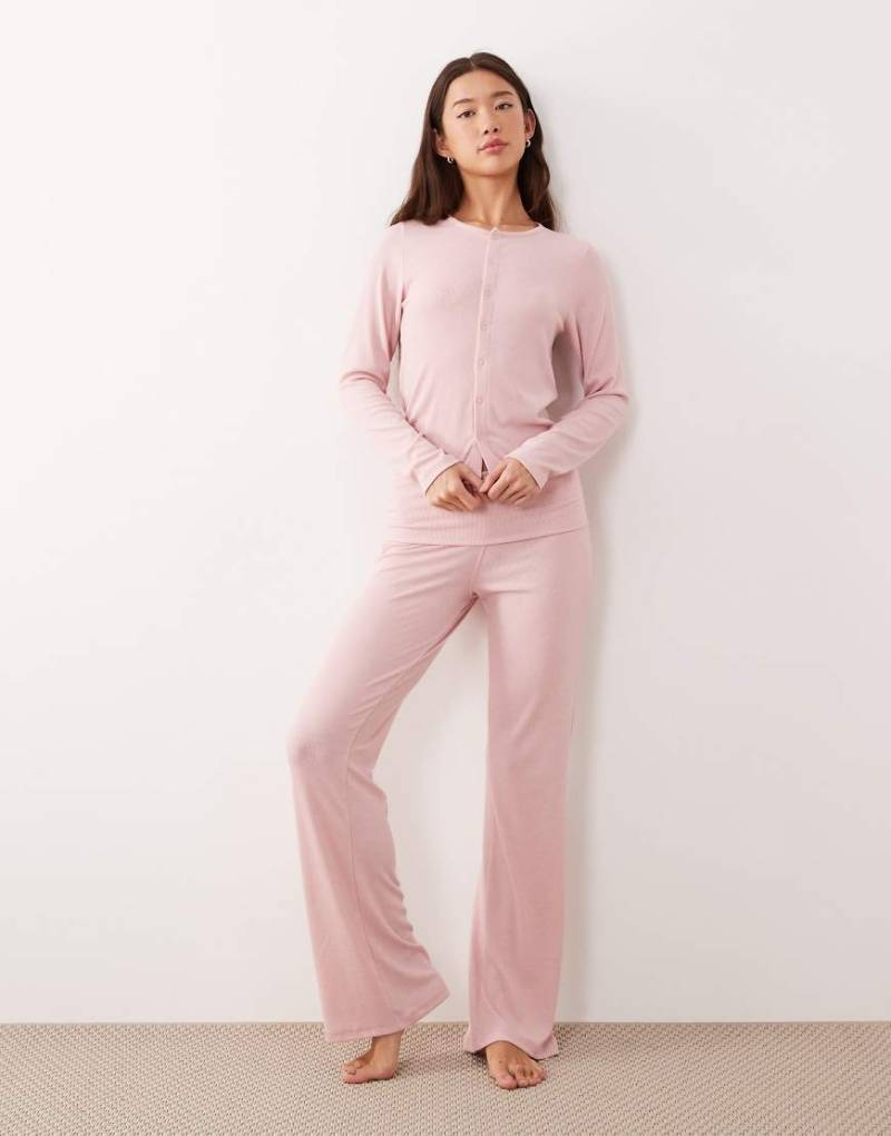 ASOS DESIGN - Mix & Match - Gerippte weiche Pyjama-Hose in Hellrosa mit umgeschlagenem Bund-Rot von ASOS DESIGN