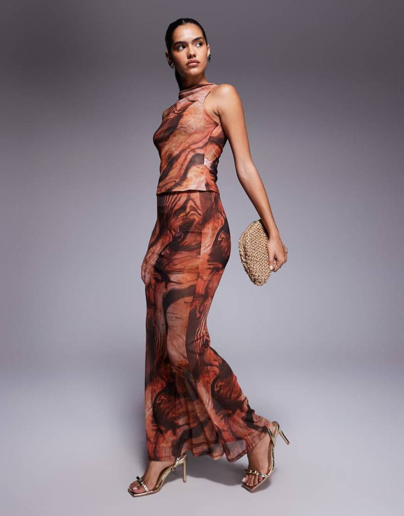 ASOS DESIGN - Mix & Match - Meerjungfrauen-Maxirock aus transparentem Netzstoff in Orange mit abstraktem Muster-Bunt von ASOS DESIGN