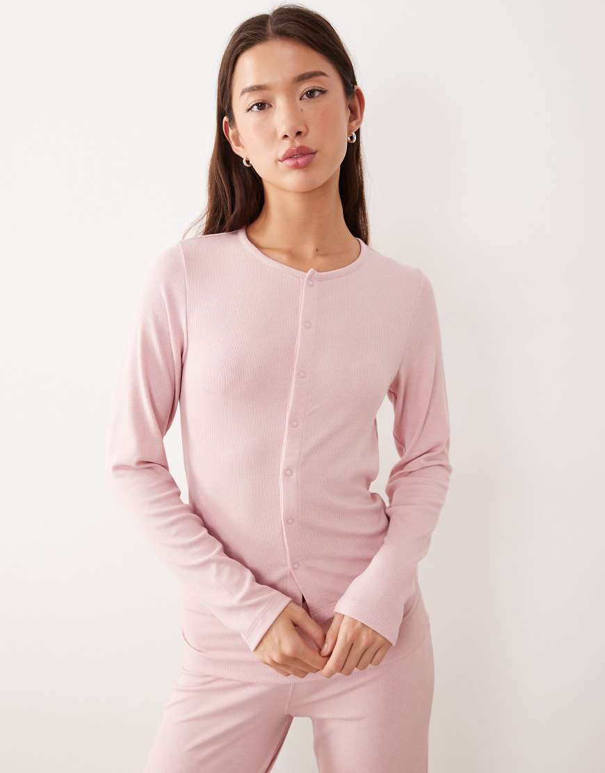 ASOS DESIGN - Mix & Match - Pyjama-Cardigan aus weichem Rippstoff in Hellrosa mit durchgehender Knopfleiste-Rot von ASOS DESIGN