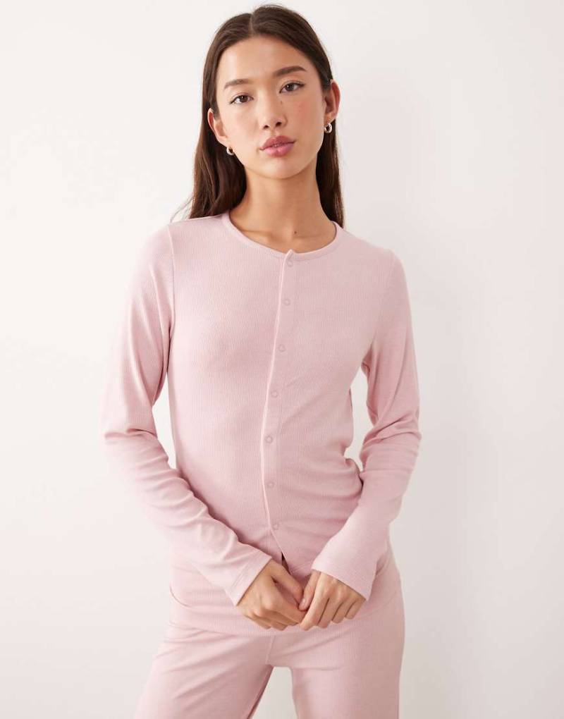 ASOS DESIGN - Mix & Match - Pyjama-Cardigan aus weichem Rippstoff in Hellrosa mit durchgehender Knopfleiste-Rot von ASOS DESIGN