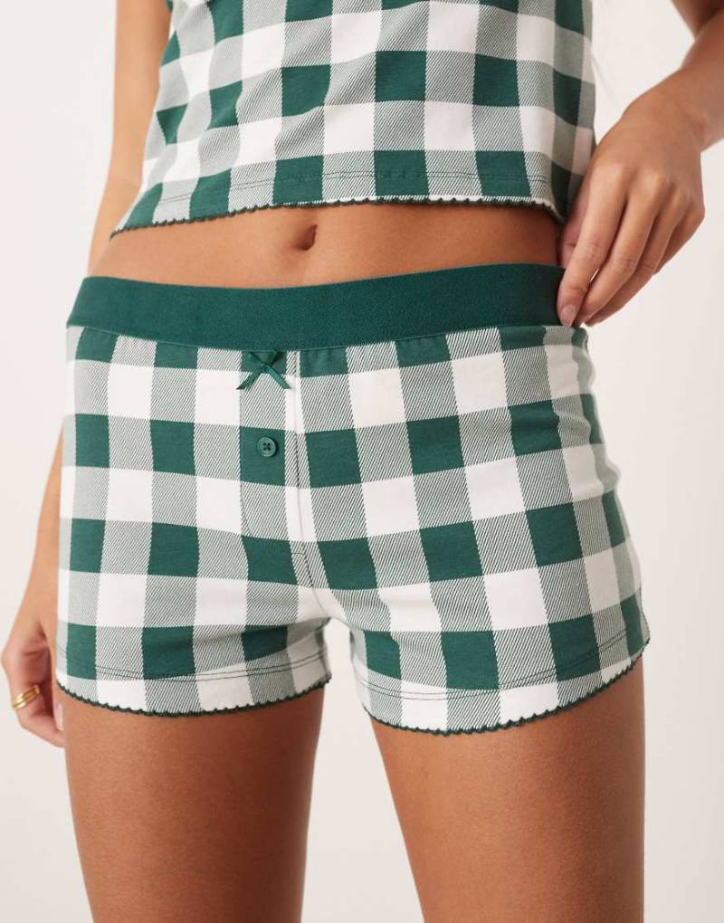 ASOS DESIGN - Mix & Match - Pyjama-Shorts in Grün mit kariertem Print und Samt-Taillenbund von ASOS DESIGN