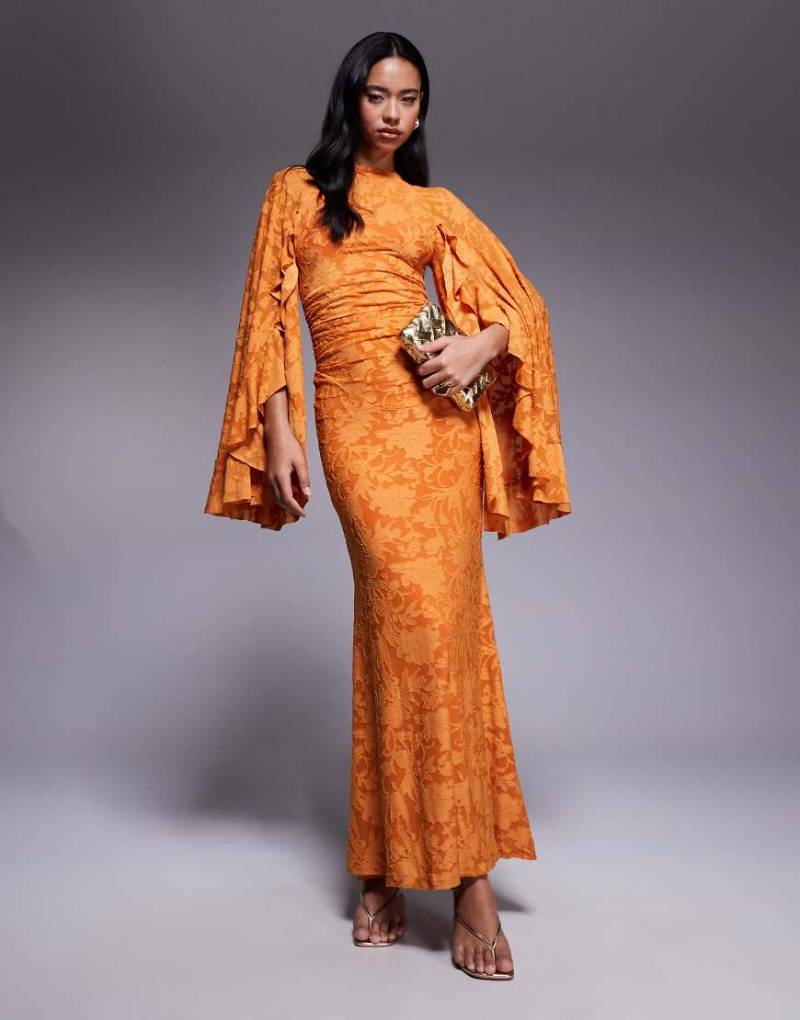 ASOS DESIGN - Modesty - Maxikleid aus Ausbrenner-Stoff in Orange mit sehr weiten Ärmeln und tiefer Taille von ASOS DESIGN
